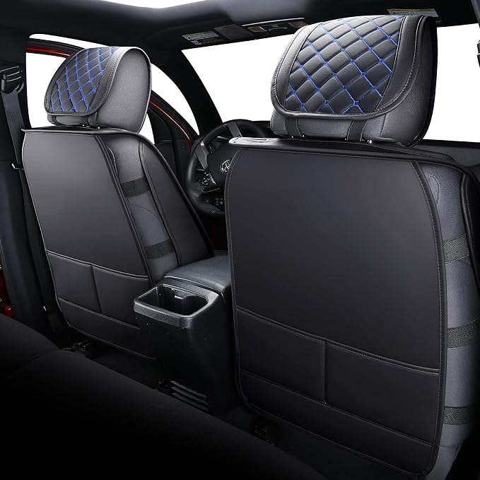Tomatoman Tacoma Seat Covers Compatible with Toyota Tacoma 2005-2023 2024 2025 2026 SR V6 TRD Sport Extended Access Cab Truck Waterproof Faux Leather(Full Set, Black-Blue)