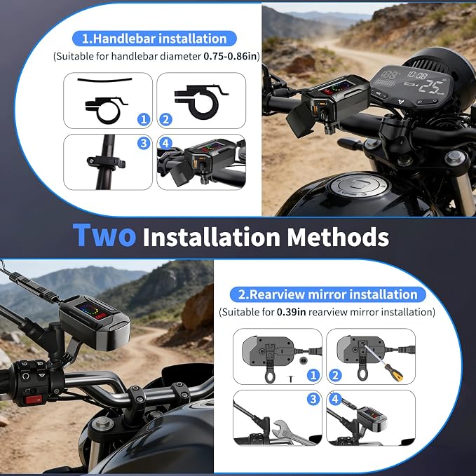 Motorcycle USB Charger, 3-in-1 Fast Charging with USB-A & USB-C + Retractable Type-C Cable, 12–24V Waterproof IP56, LED Voltmeter, Handlebar & Mirror Mount for Motorbike ATV