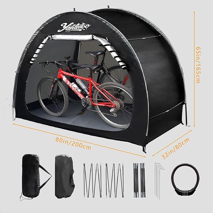 Bike Storage Shed 6.6FT, Easy Setup Waterproof PU4000 210D Oxford Fabric Tent for 2 Bikes, Outdoor Portable Bicycle Shelter with Window, Black