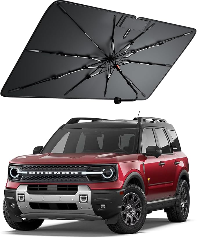Windshield Sun Shade for Ford Bronco Sport 2021–2026, Foldable Umbrella Sunshade with 100% UV Block, Multi-Layer Heat Insulation, Reinforced 10-Rib Frame, Keeps Car Cooler