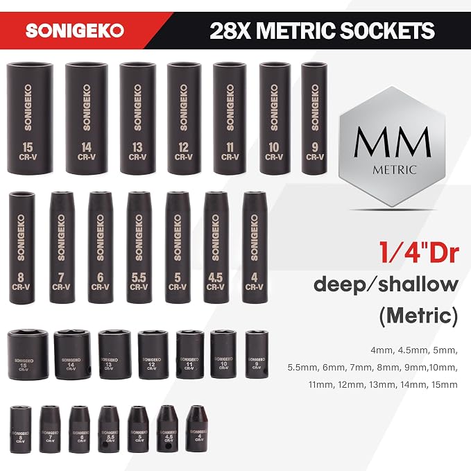 55-Piece 1/4" Drive Impact Socket Set, 6-Point deep & standard SAE/Metric(5/32"-9/16", 4-15mm), CR-V steel. Includes 2",4",6" Extension Bars, Universal Joint & Adapter,Ratchet Handle