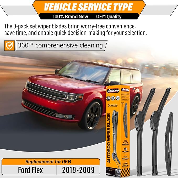 AUTOBOO 24"+22" Windshield Wipers with 12" Rear Wiper Blade Replacement for Ford Flex 2009 2010 2011 2012 2013 2014 2015 2016 2017 2018 2019 -Original Factory Quality (Pack of 3)