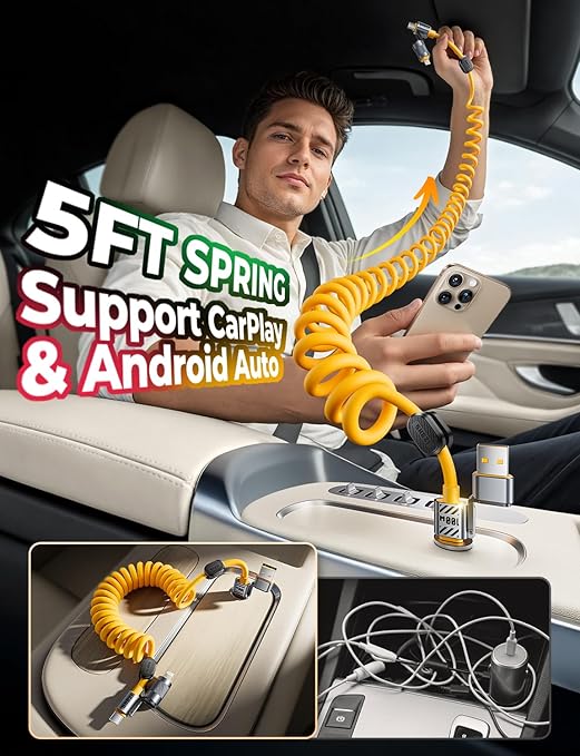 Coiled Cable & Clip 4-in-1 USB C Cable 100W Compatible with Lightning Cable Fast Charging & Data Transfer, Support to CarPlay & Android Auto, 5FT Multi Cord Combo Charger for iPhone/iPad