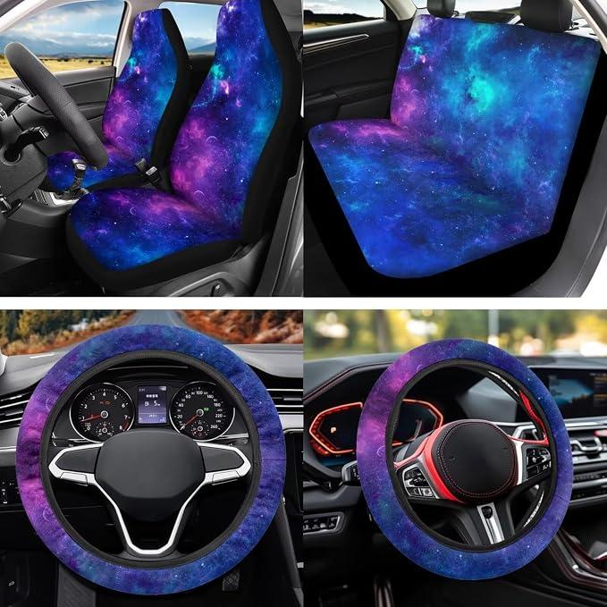 Blue Galaxy 12 Pack Car Seat Covers Full Set Steering Wheel Cover Seat Belt Cover Keychain Holder Armrest Cushion Protector Universal Fit Most Vehicles Cars SUV