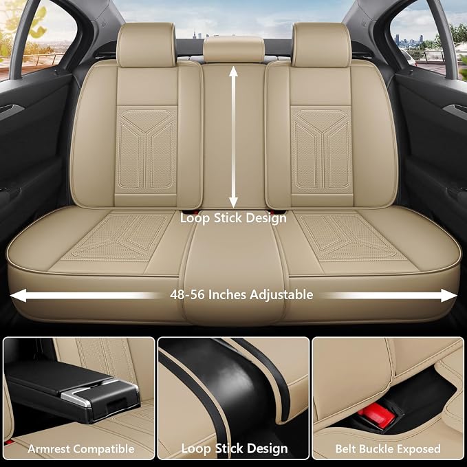 otoez Car Seat Covers Full Set, 5 Seats Nappa Leather Seat Cover for Car, Breatheable and Waterproof Seat Protector Full Coverage, Universal Automotive Seat Cushion for SUV Truck Seden, Beige