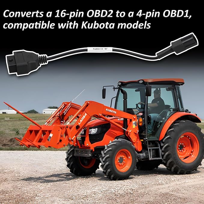 OBD2 Adapter Cable for Kubota Vehicles, 4 Pin to 16 Pin OBD1 to OBD2 Diagnostic Connector, Compatible with OBD II Scan Tools – Replaces 3824-26