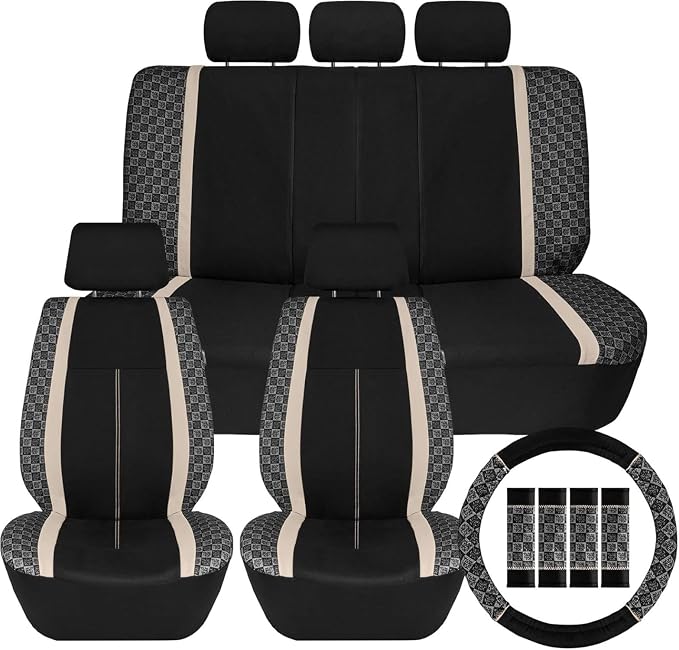 We Are Young Life is Fun™ Checker Car Seat Covers Universal Fit Interior Accessories Full Set Beige Seat Cover Combo Steering Wheel Cover and Seat Belt Pads, Airbag and Split Rear Car Seat Covers