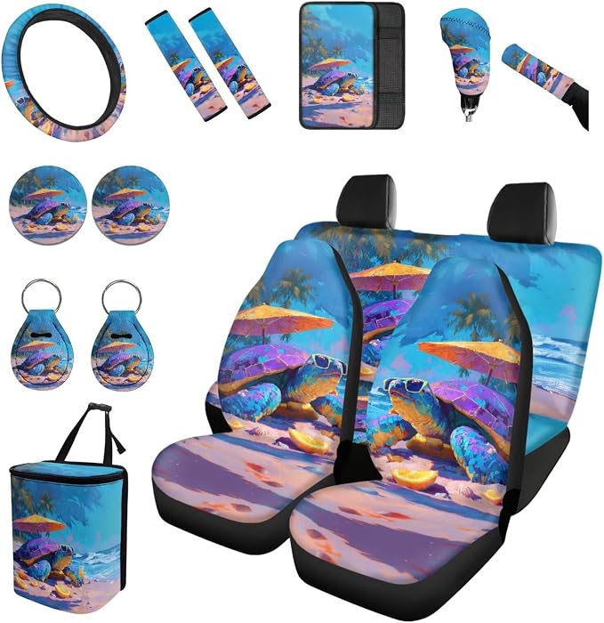 Forchrinse 15Pcs Hawaiian Sea Turtle Car Seat Cover Set with Steering Wheel Cover Armrest Shoulder Pads Handbrake Gear Cover Garbage Can Universal Women Auto Interior Accessories