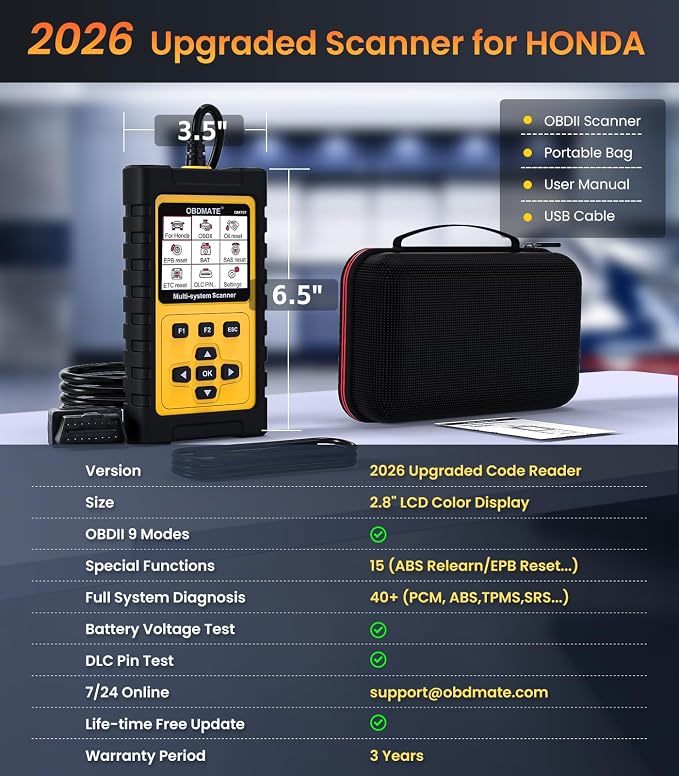 OBD2 Scanner for Honda Acura, OBDMATE OM707 Full Systems Diagnostic Tool with 15 Reset Services Auto VIN, Battery Test, One-Key I/M Readiness, No Subscriptions Lifetime Update