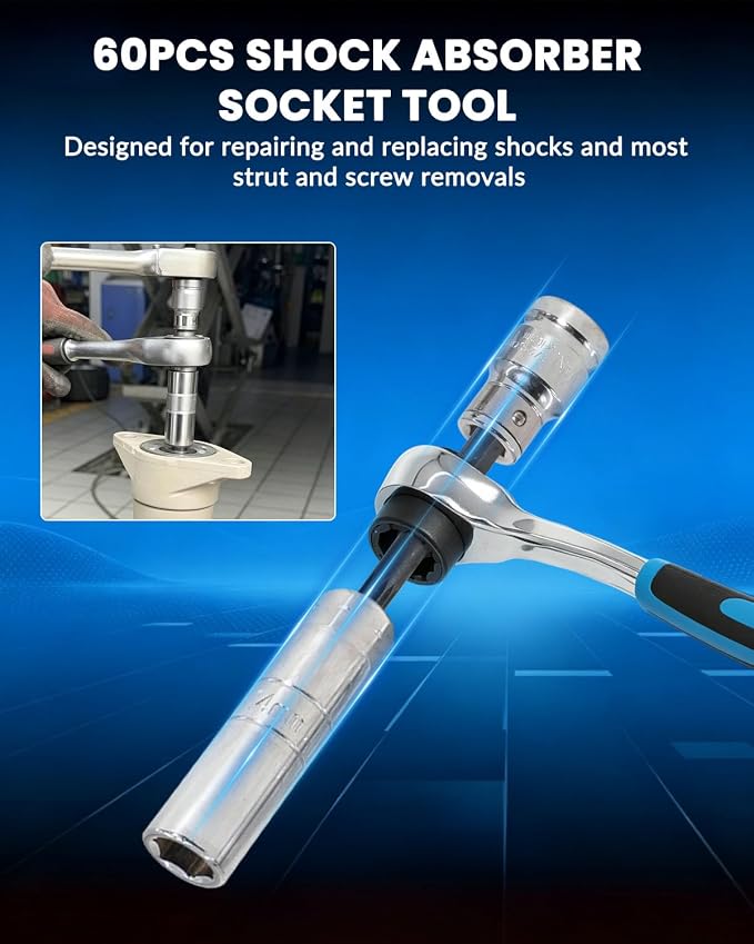 DPTOOL 60pc Shock Absorber Tool Shock Absorber Strut Nut Removal Fixed Kit Steering Hub Suspension Strut Spreader Remove Socket with Ratchet Adaptors
