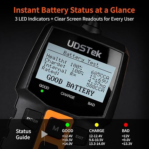 BA100 12V Car Battery Tester, 100-2000 CCA Automotive Load Tester | Diagnose 12V battery, cranking & alternator charging system. Works for cars, motorcycles, trucks, boats, RVs and ATVs.