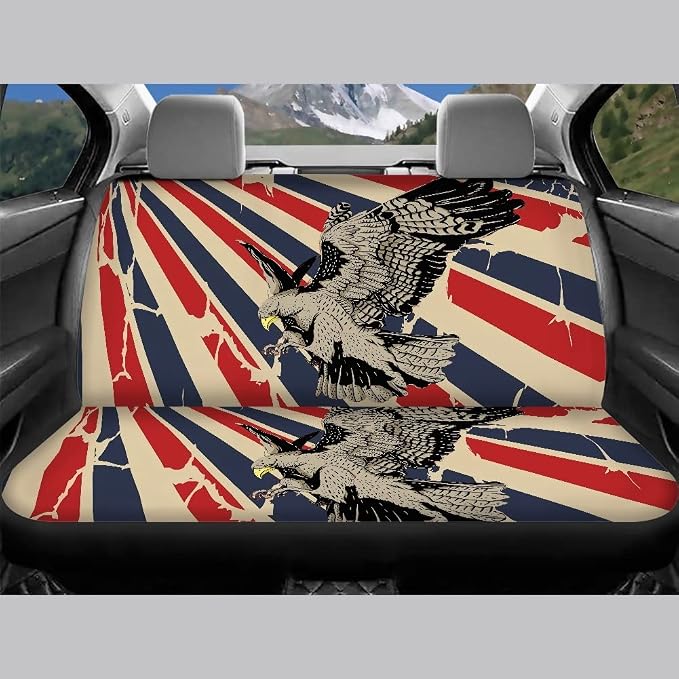 Biyejit Eagle American Flag Car Interior Seat Cover Full Set Front and Rear Bench Bucket Seat Cover Protector with Auto Seat Belt Cover+Keychains+Automotive Cup Holders+ Steering Wheel Cover