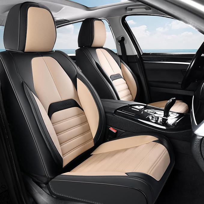 Coverado Waterproof Nappa Leather Car Seat Covers, Automotive Seat Covers，Front Car Seat Cushion & Car Seat Protector, Seat Covers Universal Fit for Most Cars, SUVs,Trucks,Black&Beige
