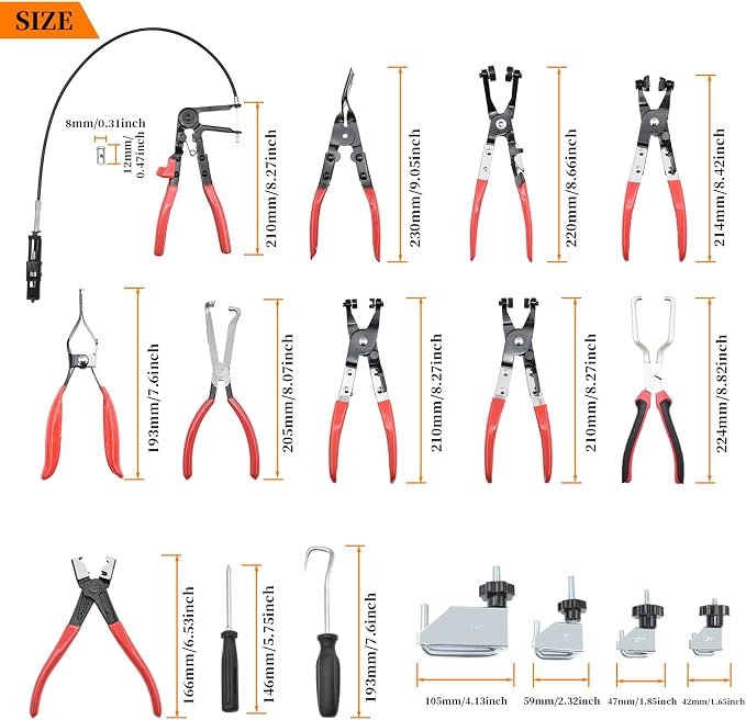 16 Pcs Hose Clamp Pliers Set, Hose Clamp Removal and Installation Tool with Long Flexible Plier & Electrical Disconnect Pliers for Automotive Coolant Radiator Heater, Water Hoses, Fuel Lines