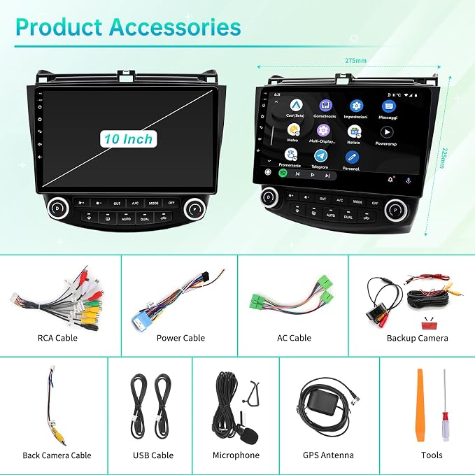 Car Radio Stereo for Honda Accord 7th Gen (2003-2007) Android 14 2GB+64GB Wireless CarPlay & Android Auto, 10-Inch IPS Touchscreen, Bluetooth WiFi GPS Navi, FM/AM, Backup Camera, SWC