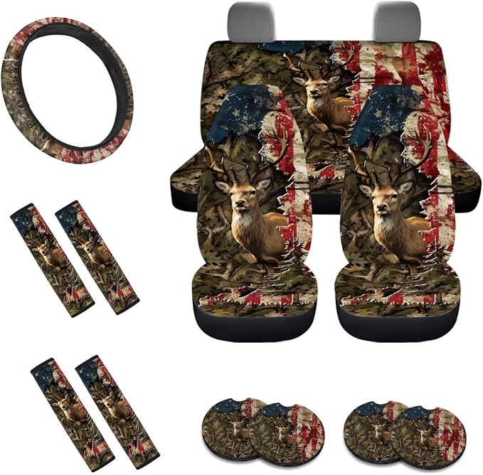 Deer Camo American Flag Pattern Car Seat Covers Full Set, 13 Pieces Car Accessories with 1 Steering Wheel Cover, 4 Seat Belt Covers and 4 Waterproof Coasters Universal Fit for SUV