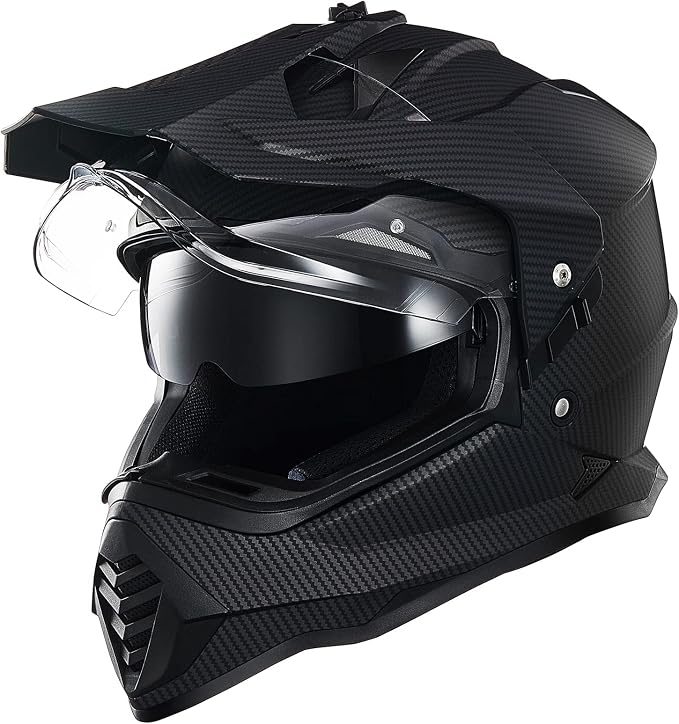 ILM Dual Sport Adventure Motorcycle Helmet with Pinlock Compatible Sun Visor Snowmobile ATV Dirt Bike Off Road Casco Model WS902 (Carbon Fiber, S)