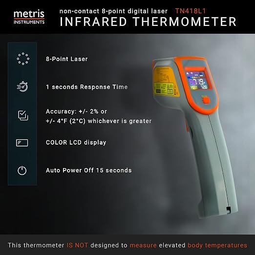 Digital Infrared Thermometer Gun Laser Temperature Gauge for Cooking, Grill, Pizza Oven, HVAC Tools, 8-Point, 76o to 932o F [-60o to 500o C] 12:1 D:S Ratio, Model TN418L1