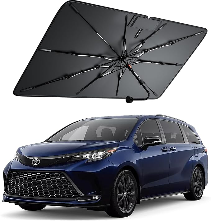 Windshield Sun Shade for Toyota Sienna 2000–2026, Foldable Umbrella Sunshade with 100% UV Block, Multi-Layer Heat Insulation, Reinforced 10-Rib Frame, Keeps Car Cooler, Summer Car Accessory