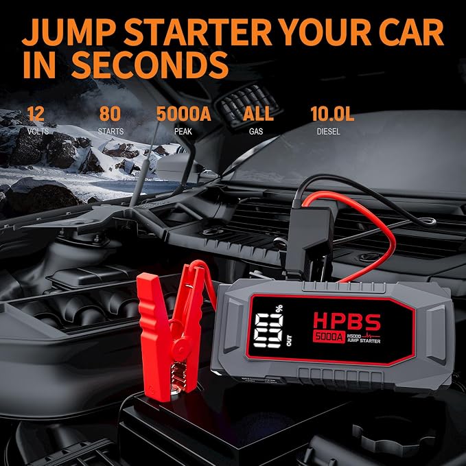 Car Jump Starter - 5000A Peak Jump Starter Battery Pack with DC for Up to All Gas and 10.0 L Diesel Engines, 12V Portable Battery Jump Starter with 3.0" LCD Display