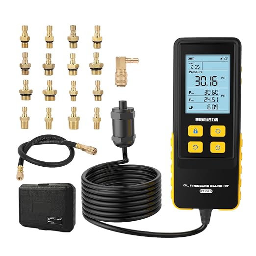 Oil Pressure Tester Kit, Intelligent Digital Backlit Display Screen with 17 Connectors, Test Hose 0-426PSI Automotive Engine Oil Pressure Gauge Tester Tool, 3 Units Switching, Data Holdinc & Zeroing