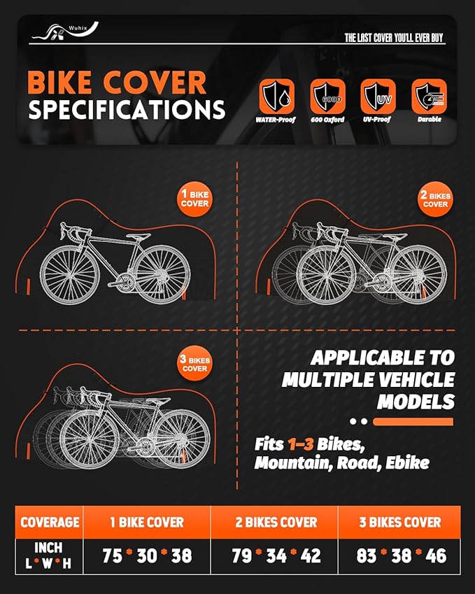 Bike Cover Waterproof Outdoor – 600D Heavy Duty Bicycle Covers for 1/2/3 Bikes – UV Rain Dust Snow Protection – Fits Road, Mountain, Cruiser, Ebike & Electric Bikes