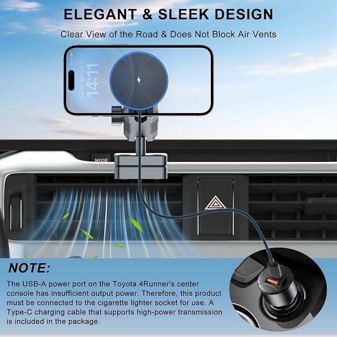 5th Gen Toyota 4Runner Phone Mount Charger, 15W Wireless Charging Phone Holder for 4Runner 2024 2023 2022 2021-2010, Toyota 4Runner Accessories for All Smartphones, 360° Adjustable, Easy to Install