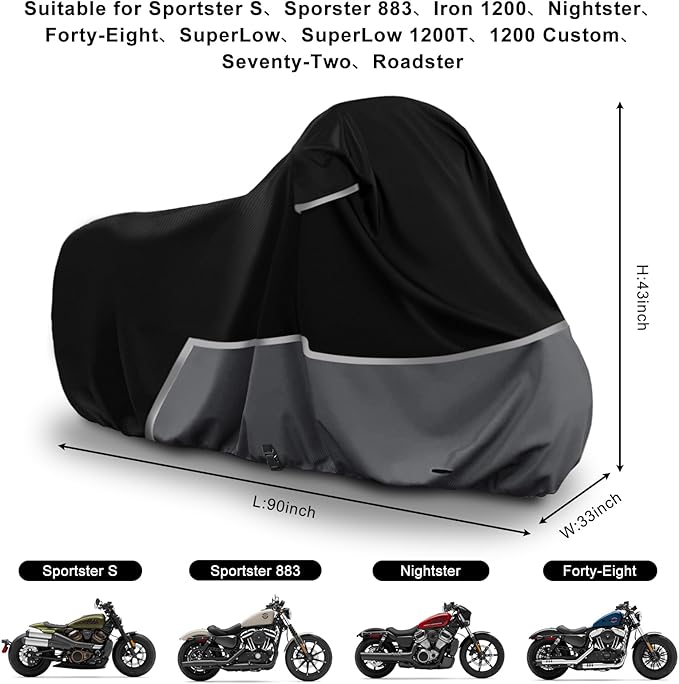 Waterproof Motorcycle Cover Replace for Harley Davidson Sport Models, 420D Oxford Cloth Nightster, Sportster Motorcycle Cover with Reflective Strips for Snow Rain Dust Hail Protection