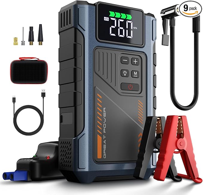 Car Battery Charger Jump Starter with Air Compressor, 4500A Jump Box for Car Battery Portable Jumper Cables with Battery Pack, 12V Jumpstart Combo 150PSI Tire Inflator Air Pump (8.5L Gas/7.0L Diesel)