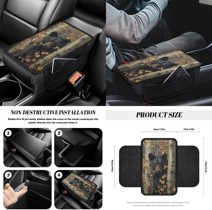 Universal Automotive Seat Covers & Accessories Full Set Bear Camo Hunting Car Front and Rear Seat Covers Steering Wheel Cover Armrest Cushion Safety Belt Pads Cup Cushions