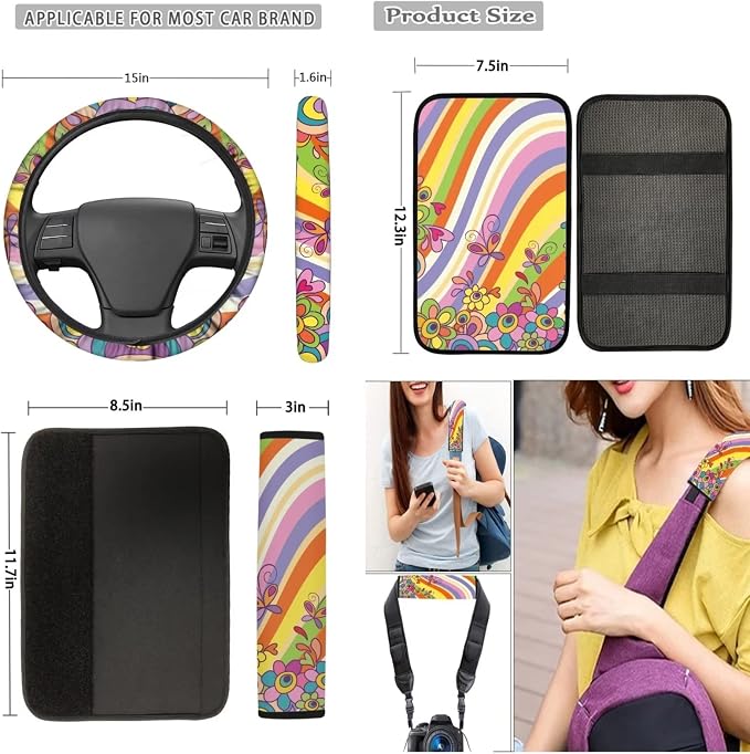 Mumeson 8 Pack Hippie Flower Butterfly Car Seat Covers Full Set with Seat Belt Pads Shoulder Cushion + Steering Wheel Cover + Armrest Cushion for Car Universal Size Car Accessories for Womens