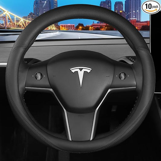 Leather Steering Wheel Cover Custom-Fit for Tesla Model 3/Y 2016-2026, Comfort Grip Design Breathable and Non-Slip, Model 3/Y Car Steering Wheel Protector, Tesla Accessories,Black(A-Style, for Tesla)