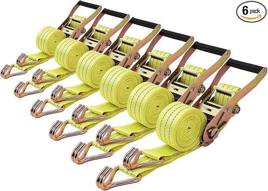 6 Pack 2" x15' Ratchet Strap Tie Down 4500LB J Hook, (Pack of 6) Heavy Duty Tie-Down Ratcheting Cargo Truck Straps Wire Hook Ends, J-Hook Ratchet Strap Tie-Downs