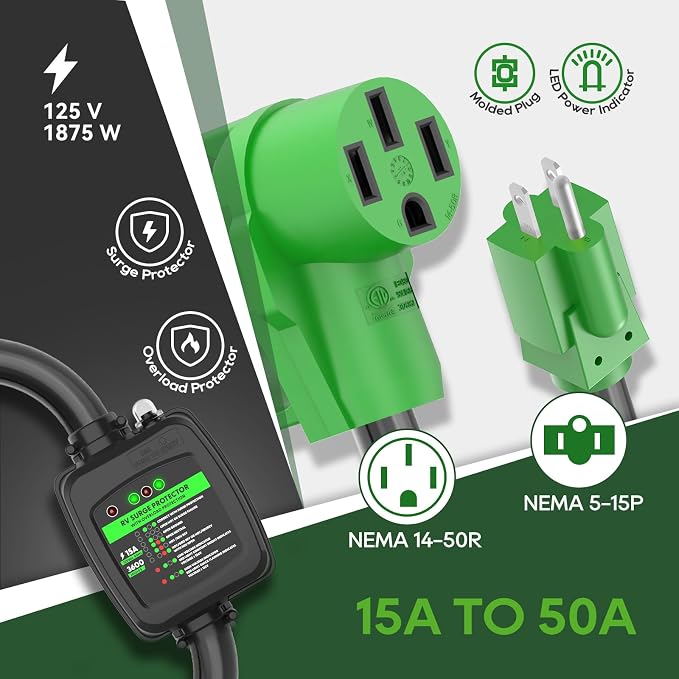 RVGUARD Surge Protector 50 Amp to 110 Volt RV Adapter Cord with Overload Protection, NEMA 5-15P to NEMA 14-50R Electrical Power Adapter, 2 Feet, Green, ETL Listed