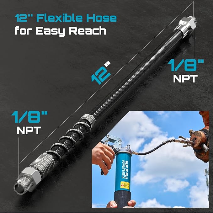 Seesii Grease Gun Accessory Kit, Includes Quick-Release Coupler, 90 Degree Grease Gun Coupler Adapter, 12 Inch Flexible Hose, 2 Grease Needle Tips for Easy Greasing Narrow, Tight & Deep Spaces, GR04P