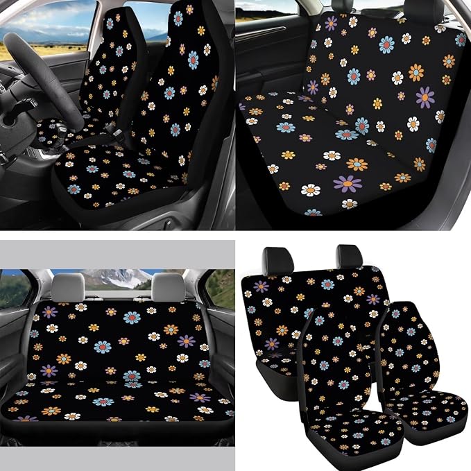 12 Pcs Flower Car Seat Covers for Women,Colorful Groovy Flowers Auto Steering Wheel Cover Protector,Hippie Floral Coaster,Keychain,Shoulder Seatbelt Pad,Comfy Handbreak Gear Shift Accessories