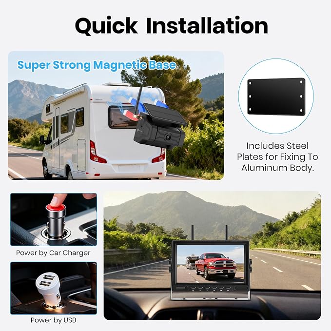 Magnetic Solar Wireless Backup Camera for Trailer: No Wiring Quick Install 7" HD 2-Split Monitor Rechargeable Battery IP68 Rearview Camera System for RV Truck Camper Horse Trailer Camera