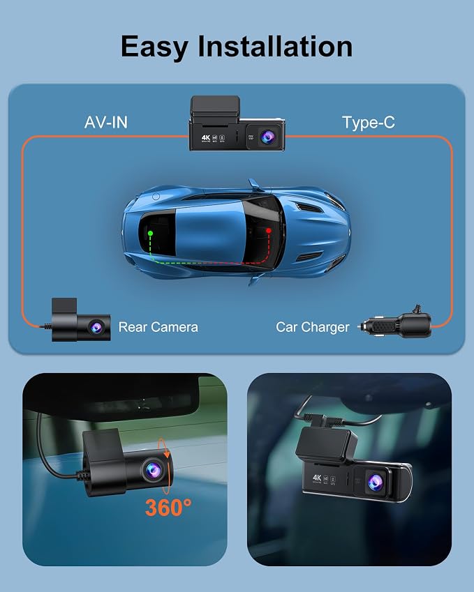 4K Dash Cam Front Rear, Dual Dash Camera for Cars Built in 5GHz/2.4GHz WiFi GPS Dashcam with G-Sensor 24H Parking Monitor Loop Recording WDR Night Vision 170° View Angle APP Control Free 64GB SD Card