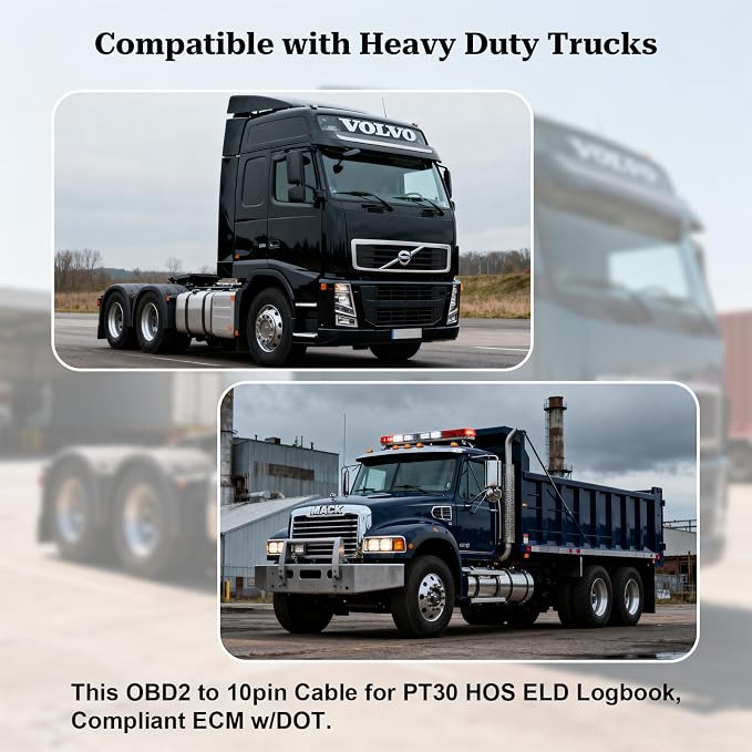 OBD2 16 Pin to 10 Pin Adapter Cable for PT30 HOS ELD Logbook,Compliant ECM w/DOT,Compatible with OBD 16pin Diagnostic Connector,Work for Freighliner/Kenworth/Peterbilt/Westernstar Truck