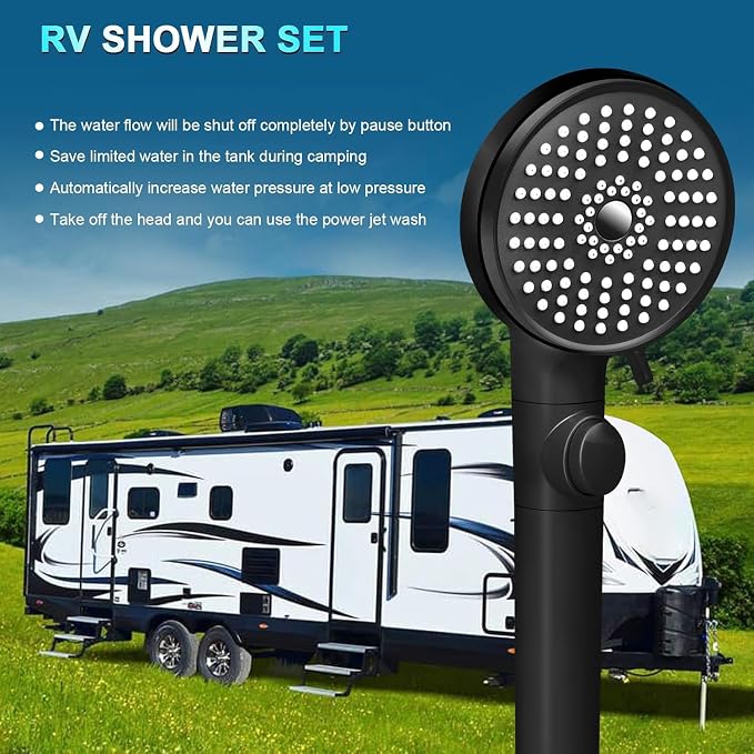 RV Shower Head with Hose, High Pressure 5 Mode Shower head Replacement, Handheld Showerhead for RV/Campers, Travel Trailer for Water Saving, Showerheads Holder and Hose, On Off Switch, Black