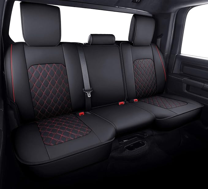 Aierxuan Dodge Ram Rear Seat Covers Waterproof Leather Custom Fit 2009-2026 1500, 2010-2026 2500/3500 Crew Quad Regular Cab Pickup Compatible with Split Bench 40/60(Rear Seat/Black-Red)