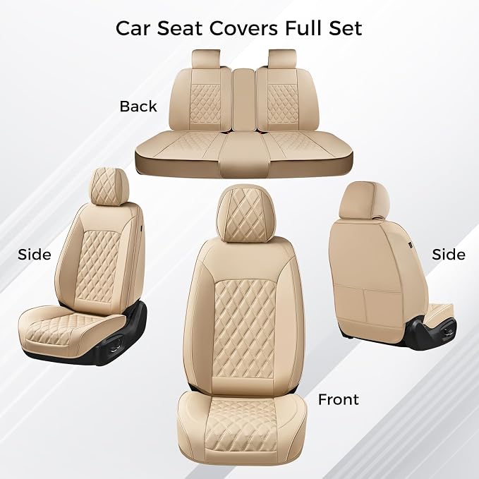 Huidasource Seat Covers for Car, Beige Car Seat Covers, Front and Split Rear Bench Seat Covers, Leather Seat Cushion Cover Protector Universal Fit for Most Cars,Vans,Trucks, SUVs (Full Set/Beige)