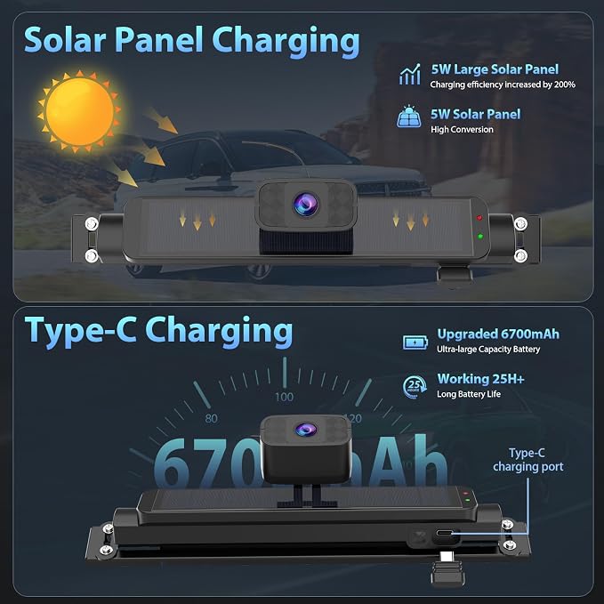 Carpuride Solar Wireless Backup Camera with 7" Monitor Rechargeable 6700mAh Battery 1080P Back Up Cam Auto Sleep, 170°Wide Angle, IP69K Waterproof, Easy Installation for Car, Van, Truck, Trailer, Bus