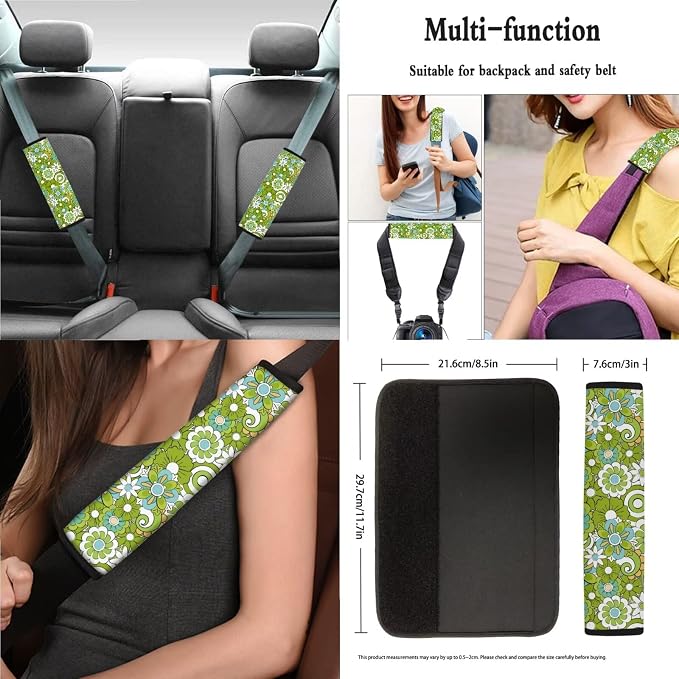 Green Hippie Flowers Pattern Car Accessories Car Seat Covers Full Set with Steering Wheel Covers+Seat Belt Pads+Coasters+Keychain+Lipstick Holder Universal Fit(13 Pack)