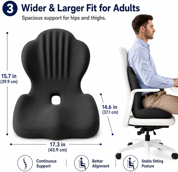 Seat Cushion With Lumbar Support, Extra Thick High Density Ergonomic Seat Cushion For Office Chair And Car Seat, Non-Flattening Memory Foam With Tailbone Pressure Relief And Back Support (Black)