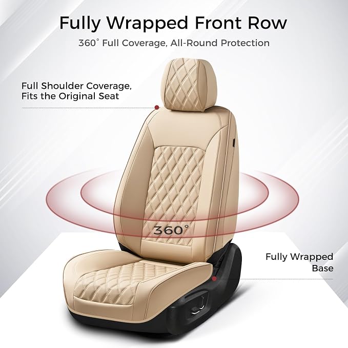 Huidasource Seat Covers for Car, Beige Car Seat Covers, Front and Split Rear Bench Seat Covers, Leather Seat Cushion Cover Protector Universal Fit for Most Cars,Vans,Trucks, SUVs (Full Set/Beige)