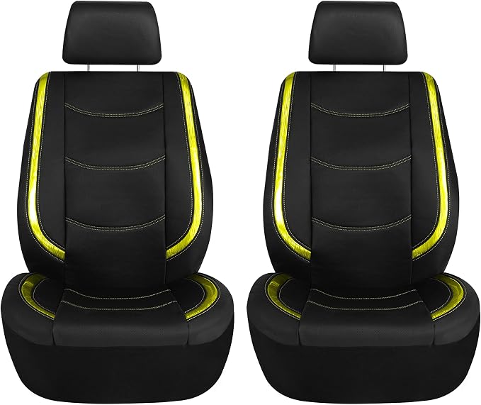 FH Group Galaxy13 Metallic Striped Deluxe Leatherette Car Seat Covers with Matching Carpet Floor Mats – Full Set, Universal Fit, Airbag Compatible for Cars, SUVs & Sedans, Yellow