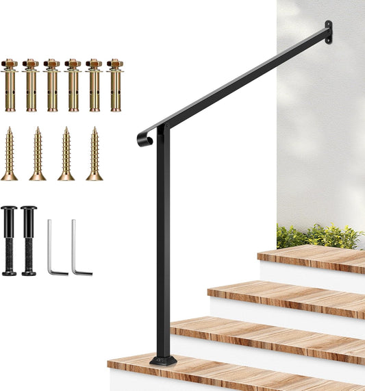 VIVOSUN Outdoor Handrail, 4 Step Stair Handrail, 47.5" x 39" Fits 1 to 4 Steps, Wrought Mattle Iron Stair Railing with Single Curved End for Concrete Steps, Porch Steps, One-Step Assembly, Black