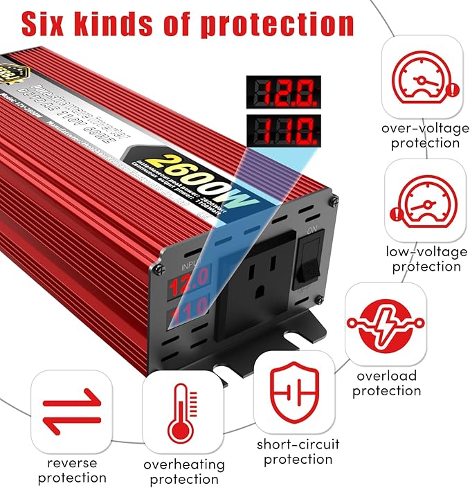 IERBJ 1100W Power Inverter, DC 12V to AC 110V, 2600W Peak Power, LED Display, Pure Sine Wave,Cooling Fan,for Vehicles,Car,RV,Truck,Ship