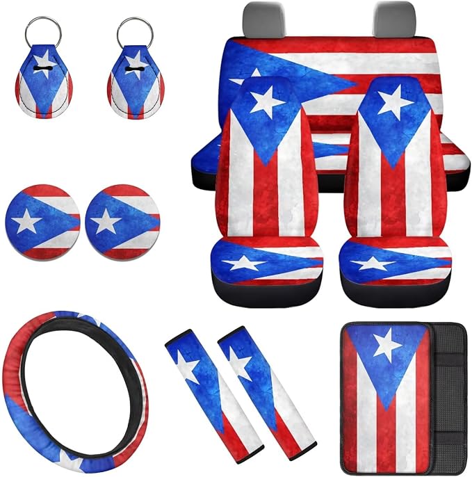 Puerto Rico 12Pcs Car Seat Covers Full Set Car Seat Belt Cover Steering Wheel Cover Armrest Cushion Cup Coasters and Keychain Holder Suitable for Most Cars,SUV
